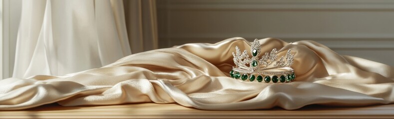Poster - A sparkling crown rests elegantly on a soft, beige satin fabric.
