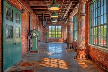 Aufkleber - A spacious industrial interior featuring brick walls, large windows, and vintage machinery.