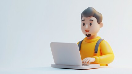 Poster - A cheerful cartoon character working on a laptop in a minimalist setting.