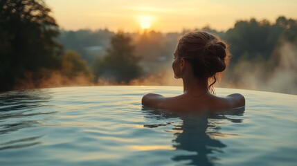 Aufkleber - A woman enjoys a serene moment in a hot spring pool, gazing at the breathtaking sunrise illuminating the calm surroundings. The mist adds a magical touch to the scene.