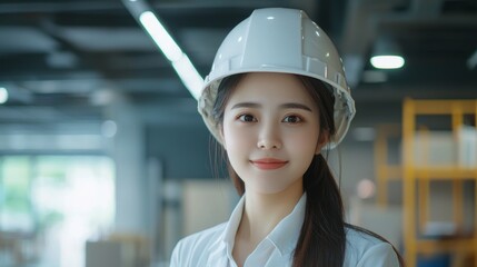 Poster - A determined Asian businesswoman stands in a contemporary space, wearing a safety hard hat. She exudes professionalism and readiness for her work in construction, ready to tackle challenges