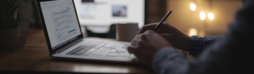 Aufkleber - A person working on a laptop, analyzing data and creating diagrams in a dimly lit environment.