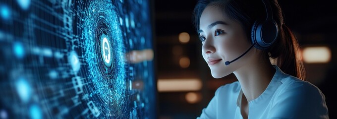 Poster - A woman with a headset engages with a digital interface, symbolizing technology and communication.