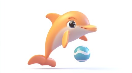 Wall Mural - A cheerful cartoon dolphin jumping with a beach ball, conveying playfulness and fun.