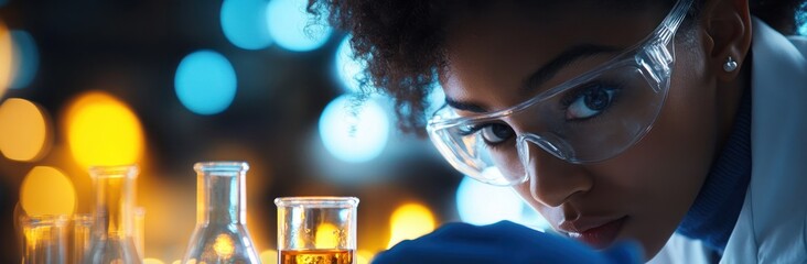 Poster - A scientist in a lab, focused on experiments with colorful liquids in glassware.