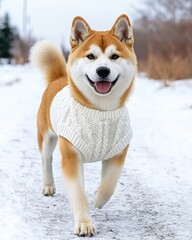 Canvas Print - Cozy pet sweater for snowy dog walks concept. Happy Shiba Inu wearing a cozy sweater in a snowy landscape