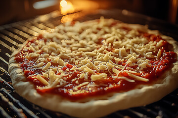 Wall Mural - pizza dough with tomato sauce and cheese in the oven , the setting is cozy and rustic