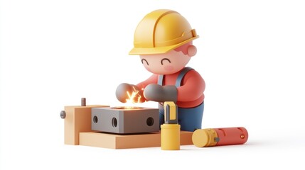 Poster - A cartoon character in a hard hat working with metal, creating sparks in a workshop setting.