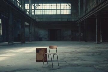 Poster - A solitary chair and box in an empty industrial space, evoking feelings of isolation.