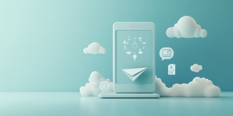 Poster - A minimalist smartphone design with cloud icons representing digital communication.
