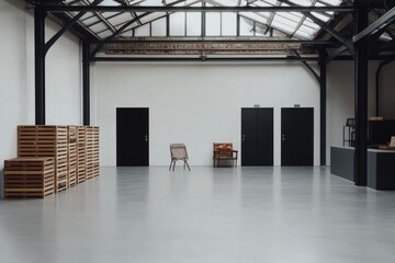 Poster - A spacious, minimalist interior featuring chairs, doors, and wooden crates.