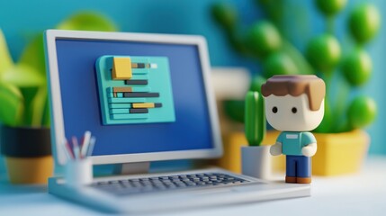 Poster - A stylized figure stands beside a computer displaying colorful graphic elements and plants.