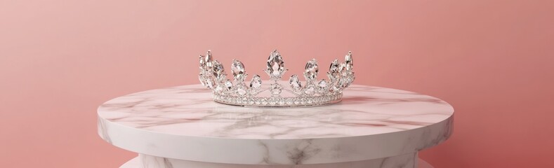 Poster - A sparkling crown displayed on a marble pedestal against a soft pink background.