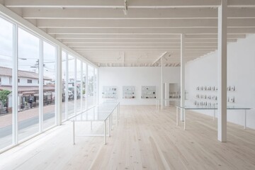 Poster - A spacious, minimalist art gallery with large windows and simple display tables.