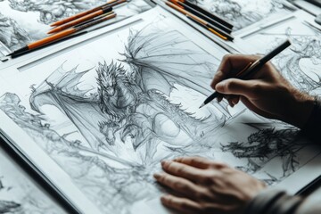 Poster - An artist sketches a detailed dragon illustration surrounded by various concept designs.
