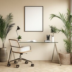 Poster - A modern workspace featuring a desk, chair, plants, and decorative items for productivity.