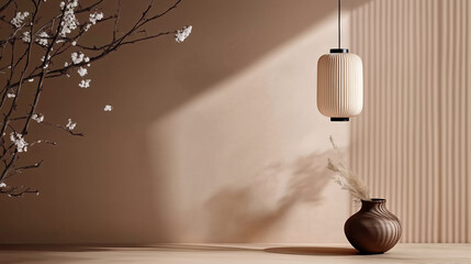Poster - elegant interior display with a ceramic vase and hanging lamp showcasing minimalist design