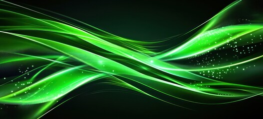 Poster - Abstract green waves with light effects on a dark background.