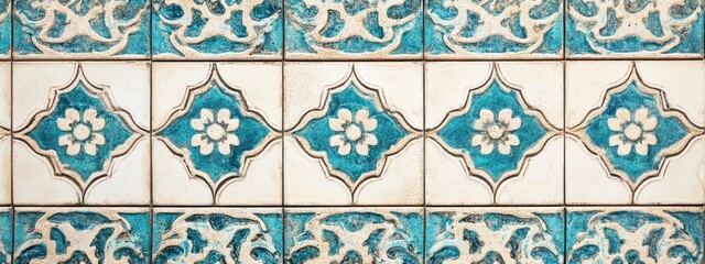 Poster - A decorative tile pattern featuring floral designs in turquoise and cream colors.