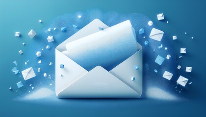 Poster - A stylized envelope with floating paper and cubes, conveying digital communication and creativity against a blue background.