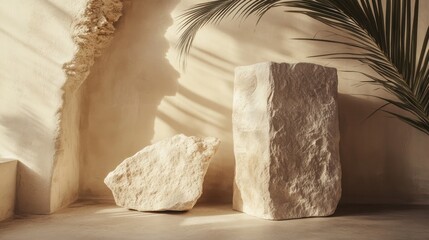 Poster - A serene interior featuring two sculptural stones with soft shadows and natural light.