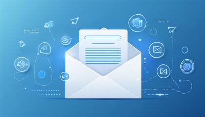 Poster - A digital illustration of an envelope with a document inside, surrounded by various communication icons on a blue background.