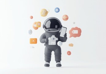 Aufkleber - A cartoon astronaut holding a smartphone amidst various digital icons and planets.