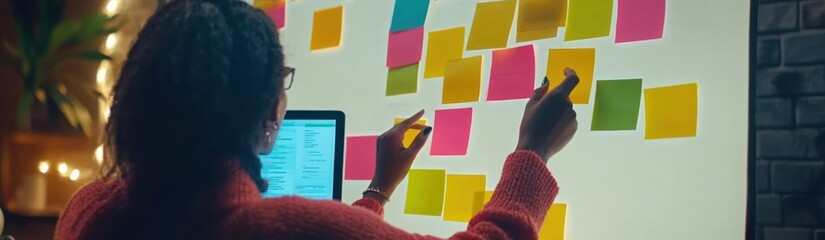 Fototapete - A person arranging colorful sticky notes on a wall, brainstorming ideas in a creative workspace.