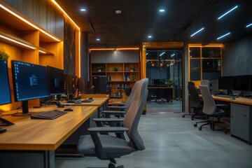 Poster - Modern office workspace with computers and ergonomic chairs, designed for productivity.