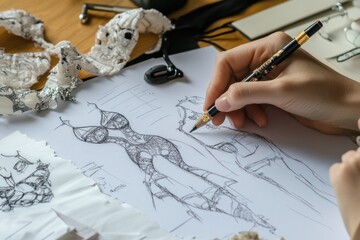 Poster - A designer sketches lingerie designs on paper with a pencil, showcasing creativity and fashion.