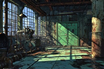 Poster - An abandoned industrial space with rusted machinery and sunlight casting shadows.