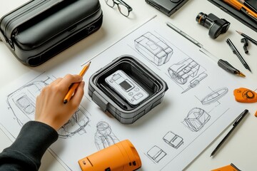 Poster - A workspace featuring sketches and a device, emphasizing design and creativity.