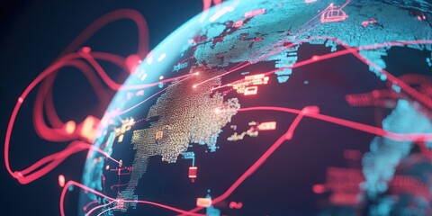 Aufkleber - A digital globe representation with data streams highlighting global connectivity.
