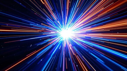 Poster - Abstract Blue Light Speed Background with Laser Rays and Glowing Center Flare