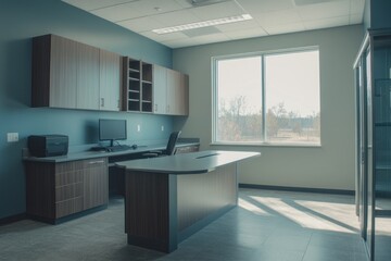 Poster - Modern office space with desk, computer, and large window showcasing natural light.