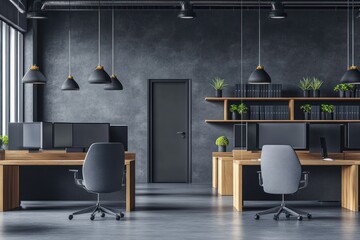 Aufkleber - Modern office interior with desks, computers, and plants in a stylish workspace.