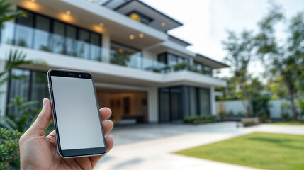 Hand-Holding Smart phone with Empty Screen Mockup on House Background. Application for Smart Home Control
