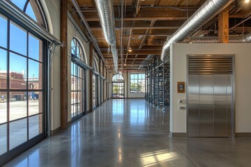 Poster - Modern industrial hallway with large windows and polished concrete floors.