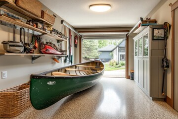 Poster - A garage featuring a green canoe, tools, and organized storage for leisure activities.