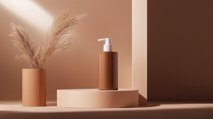 Poster - elegant display of skincare product on a minimalist shelf with decorative elements in warm tones