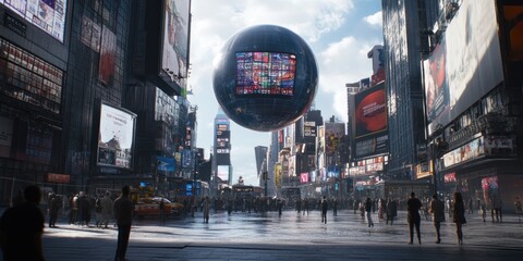 Poster - A futuristic cityscape featuring a large spherical screen above a crowded urban area.