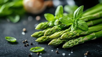 A bunch of fresh asparagus spears and basil leaves arranged artistically on a dark surface, highlighting the vibrant greens and rich textures of the vegetables.