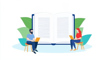 Aufkleber - A digital illustration depicting two individuals, a man and a woman, sitting at desks with laptops, facing an open book surrounded by leaves.