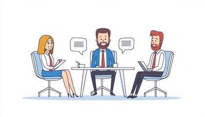Aufkleber - Three professionals engaged in a discussion around a table, with speech bubbles indicating conversation topics.