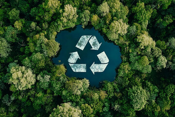 Wall Mural - recycling sign-shaped lake amid untouched green forest - aerial nature view