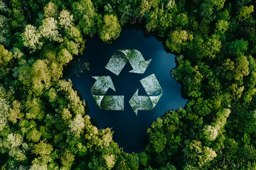 Wall Mural - recycling sign-shaped lake amid untouched green forest - aerial nature view