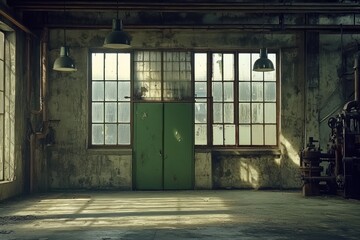 Poster - An industrial interior with large windows and a green door, showcasing a weathered ambiance.