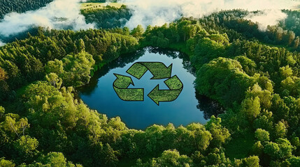 Wall Mural - recycling sign-shaped lake amid untouched green forest - aerial nature view