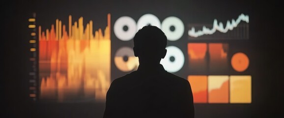 Poster - A figure analyzes data visualizations on a wall, suggesting a focus on analytics or research.