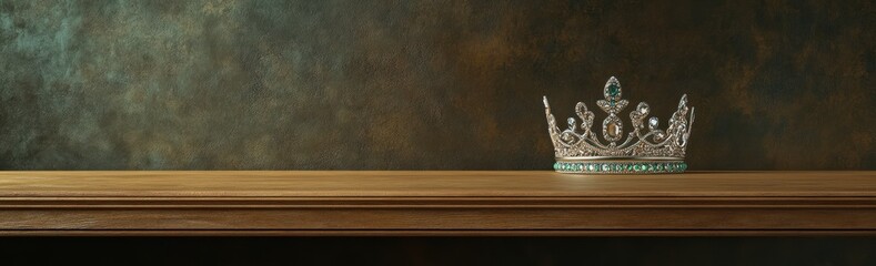 Poster - A decorative crown resting on a wooden shelf against a textured background.